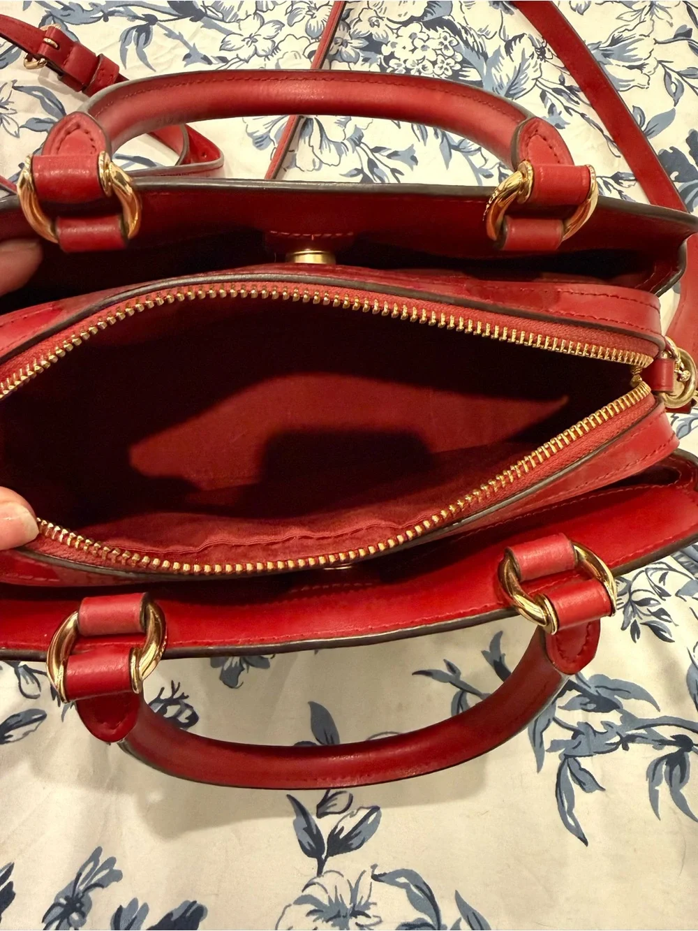 COACH Brown Signature Satchel with Red Handles and Gold Hardware